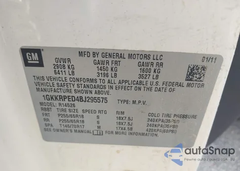 2011 GMC Acadia Sle z USA, uszkodzony, nr VIN 1GKKRPED4BJ295575